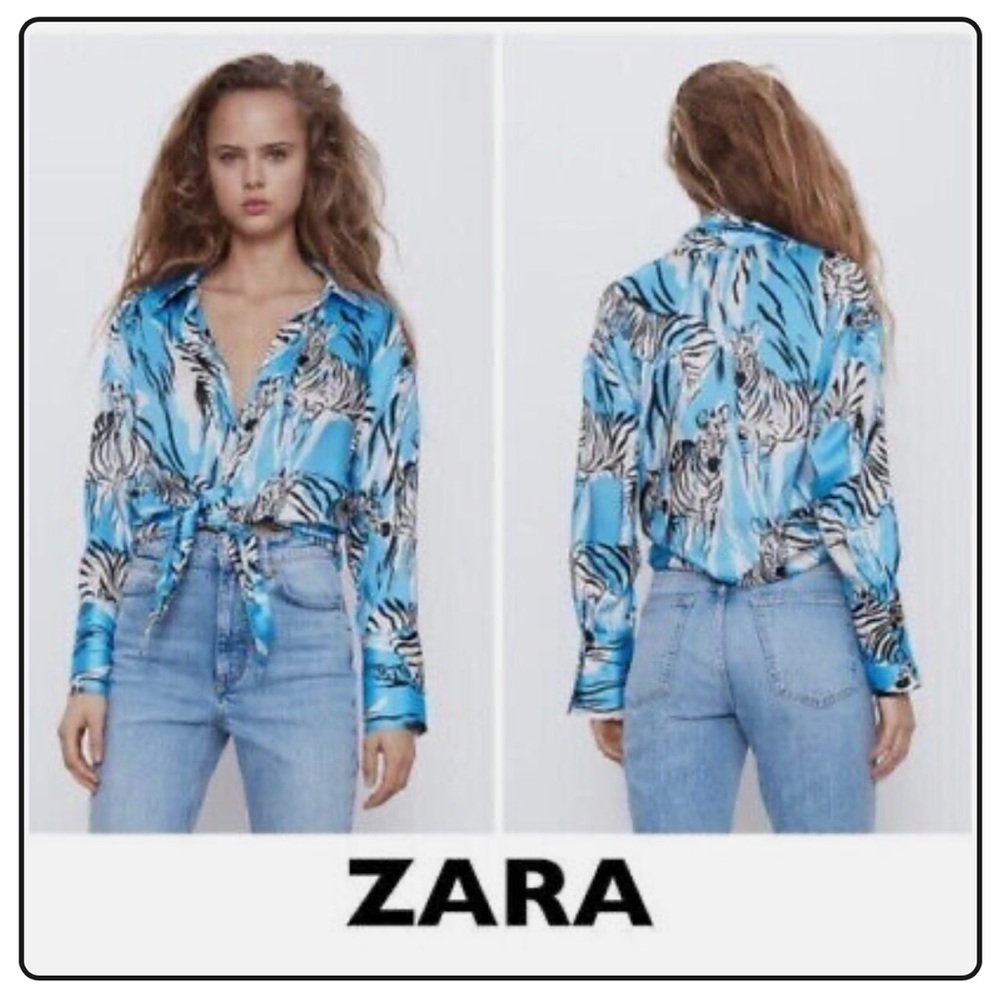 Zara blue satin zebra blouse